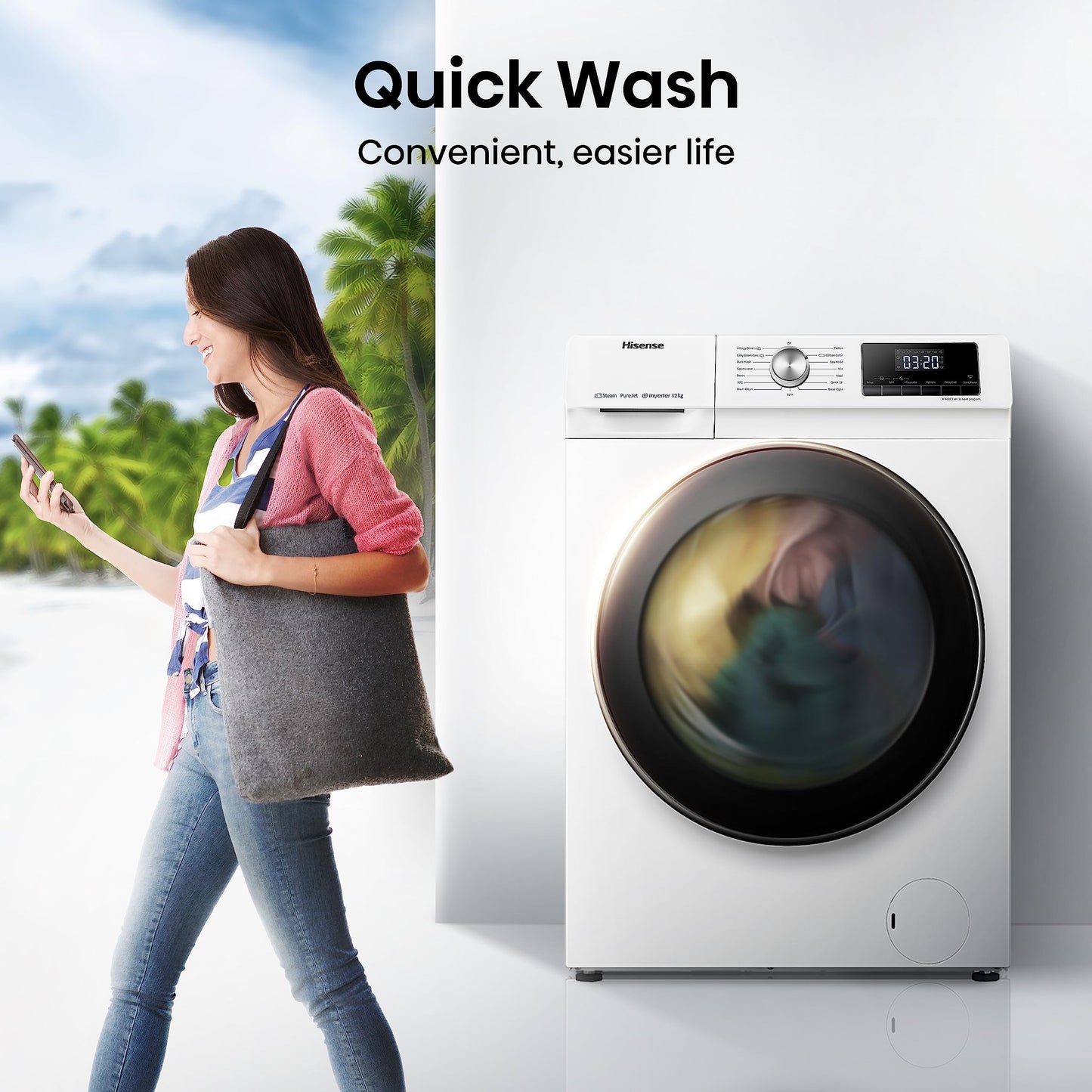 Freestanding Front Load Washing Machine – 12kg, Inverter Motor, 15 Programs, Quick & Steam Wash, 1400 RPM, White, Energy Class A
